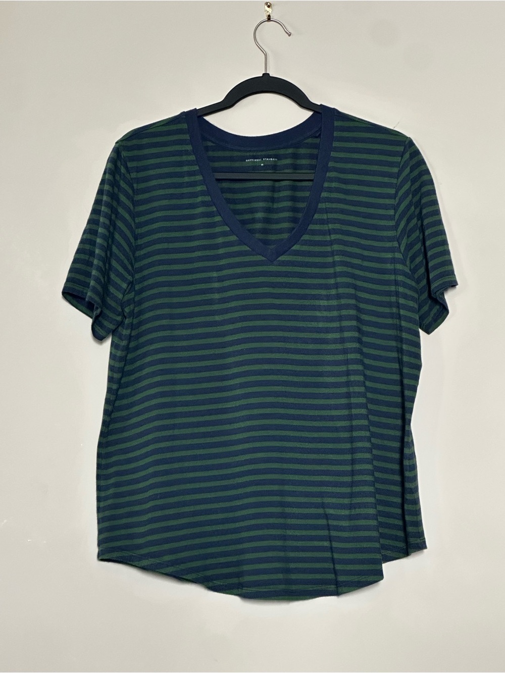 Universal Standard Striped V-Neck Tee in Green and Navy